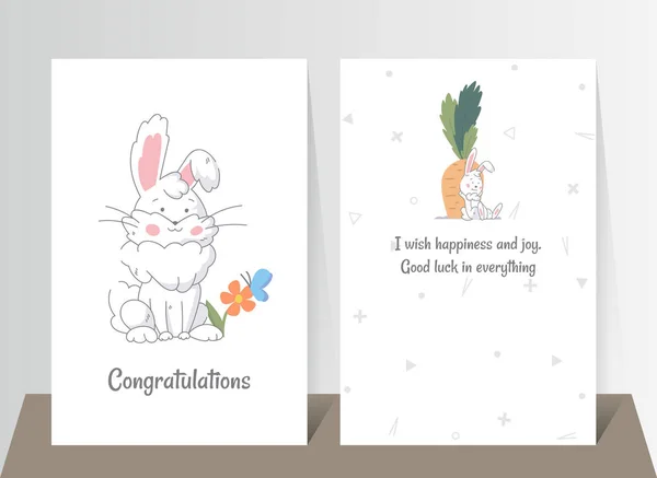 Zwei Banner mit lustigen süßen Hasen. Handgezeichnetes Kaninchen sitzend mit farbigen Blumen und ein weiteres Kaninchen sitzend auf Möhren gestützt. Vektorillustration im flachen Stil — Stockvektor