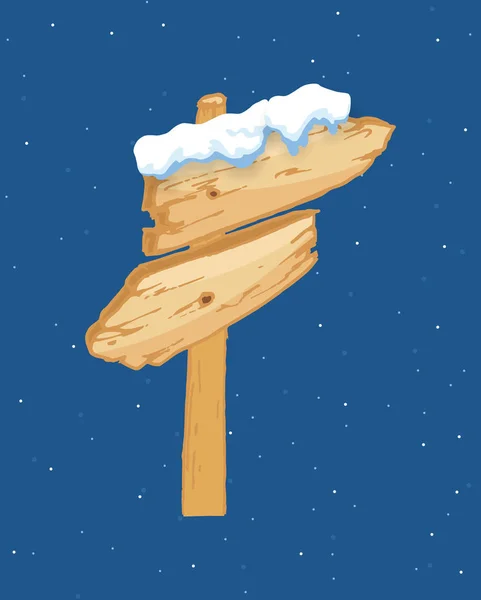 Cartoon-hölzernes Winterschild mit Schneemützen-Vektorillustration. Schneebedecktes Schild. Holz Richtungspfeil, schneebedecktes Banner — Stockvektor