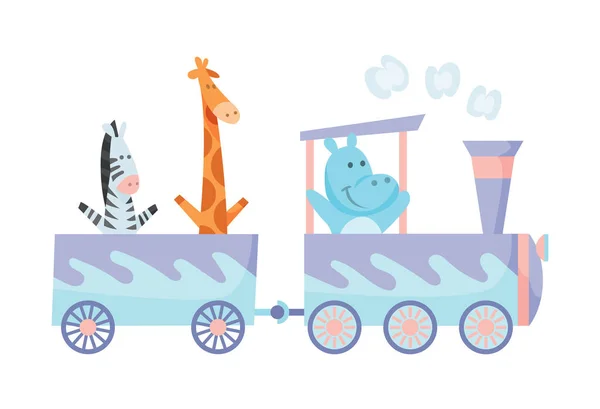 Tekenfilmset met verschillende dieren op treinen. Hippopotamus giraffe en zebra. vlakke vectorelementen voor ansichtkaarten, boeken of afdrukken — Stockvector