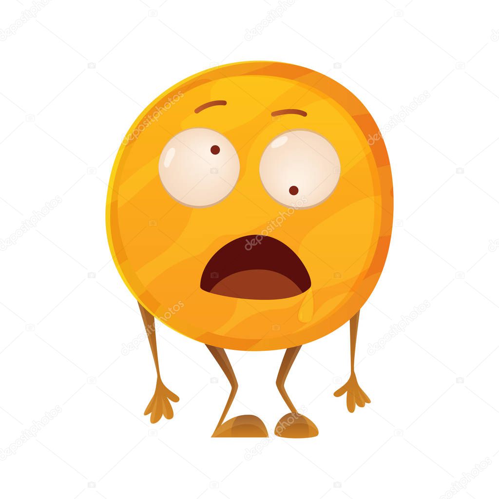 Discouraged coin. Icon for the game apps interface. Cartoon image of funny golden coin with arms and legs, emotions on a white background. Vector illustration