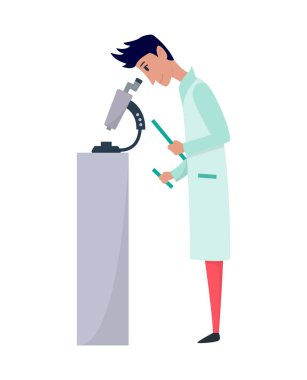 Laboratuvardaki genç bilim adamları. Laboratuvarda doktor araştırması. Profesör mikroskoba bakın. Bilim adamı klişesi. Vektör illüstrasyonu beyaz arkaplanda izole edildi