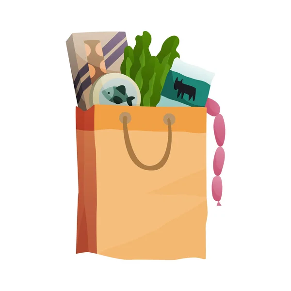 Fresh Food en una bolsa de papel - ilustración vectorial en estilo plano. Diferentes productos de alimentos y bebidas, compras de comestibles. Frutas, verduras, jamón, queso, pan, leche — Archivo Imágenes Vectoriales