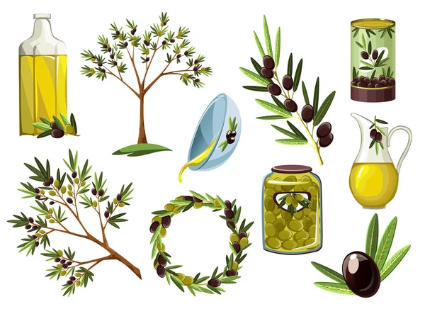 Vector illustraties voor olijfolie etiketten, verpakking ontwerp, natuurlijke producten, restaurant. Olive decoratieve pictogrammen. Handgetekende vectorillustratiesjablonen voor de verpakking van olijfolie. Ecologisch ontwerp — Stockvector