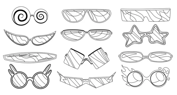 Óculos de sol ou óculos de vetor de desenhos animados em formas elegantes para festa e moda. Óculos ópticos. Conjunto de óculos ver acessórios. Ilustração em estilo esboço. Coloração —  Vetores de Stock