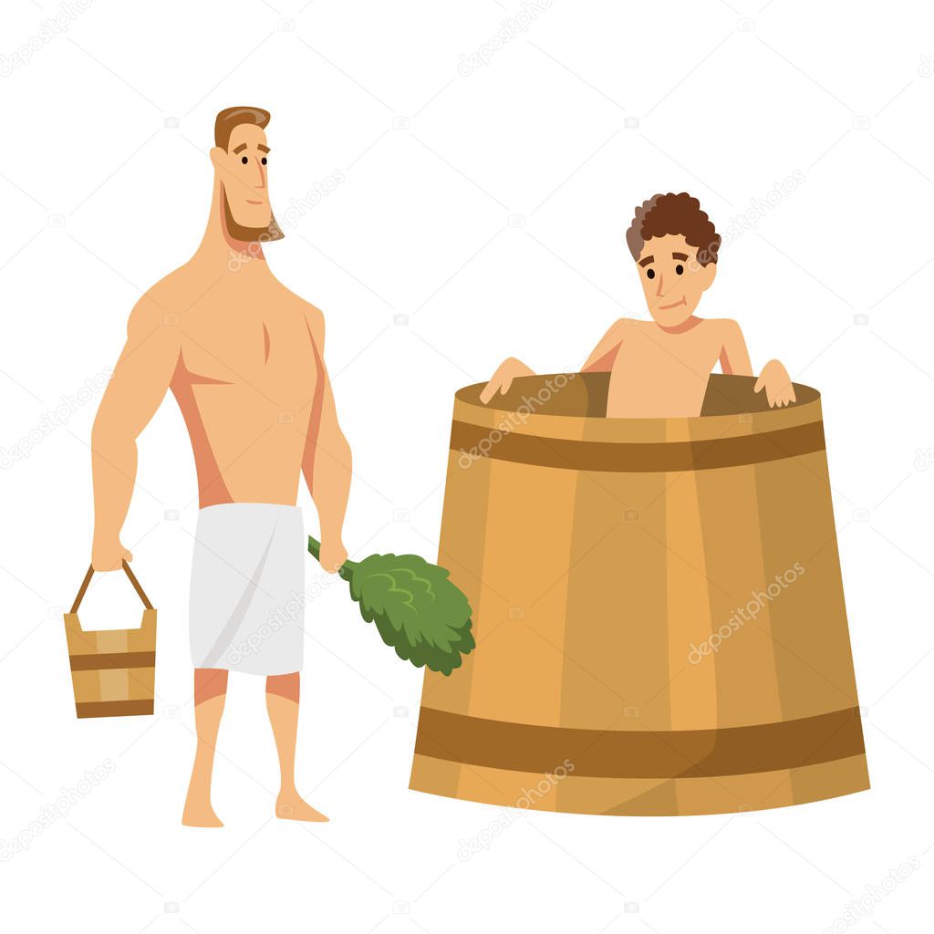Young man sitting in a tub. Bathhouse or banya procedure. Vector flat people. Activity for wellness and recreation. People Enjoying Sauna Procedures