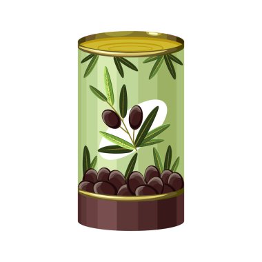 Siyah zeytin tenekesi çizgi filmi web tasarımı için vektör ikonu. Metalik kutuda konserve siyah zeytin. Konserve yiyeceğin taşıyıcı konsepti. Reklam pankartı ya da afiş için izole edilmiş mallar
