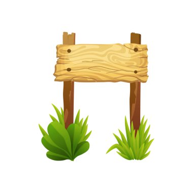 Orman yağmur ormanlarında, tropikal yaprakları ve yazı için yeri olan ahşap tabela. Çizgi film oyun vektör illüstrasyonu. Reklam çerçevesi tasarımı. Eski tahta dekore edilmiş liana yaprakları.