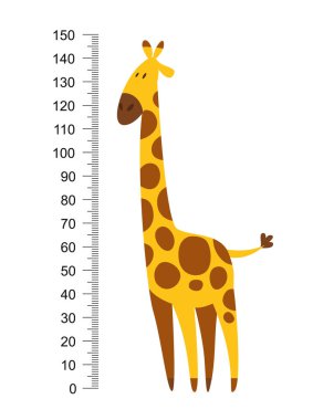 Uzun boyunlu neşeli komik zürafa. Büyümeyi ölçmek için 0 ile 150 santimetre arası yükseklik, duvar veya duvar etiketi. Çocuk vektör illüstrasyonu