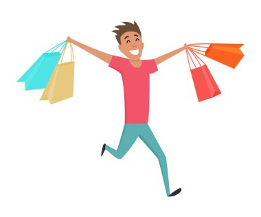 Elinde kese kâğıdıyla alışveriş yapan adam. Kusursuz mallar almaktan zevk alarak gülümse. Satışlar ve indirimler için iyi. Vektör kavramları. Düz tasarım