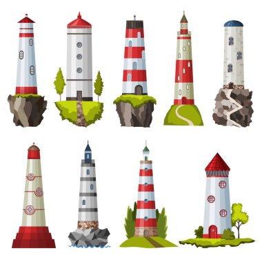 Big set flat isolated lighthouses. Cartoon landscape. Searchlights towers for maritime navigational guidance. Architecture objects clipart