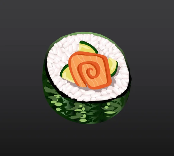3D Sushi roll algas marinas tradicionales alimentos crudos frescos. Rollo de sushi de mariscos japoneses. Comida asiática clásica. Rollo de sushi con salmón ris y nori — Vector de stock