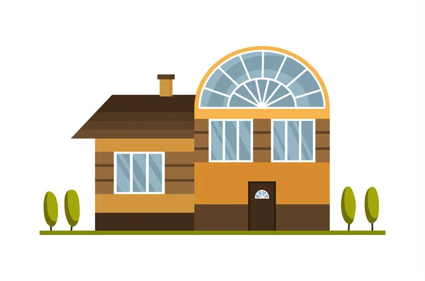 Modern country home for booking and living. House exterior vector illustration front view with roof. Home facade with door and windows. Modern town house cottage. Real estate building icon — Stock Vector
