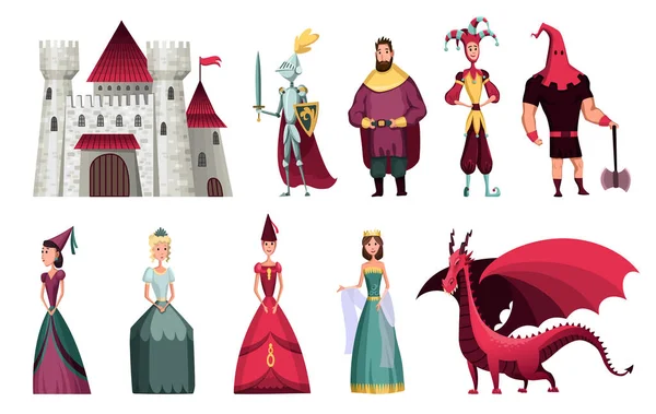 Peri masalları karakter. Fantezi şövalye ve ejderha, Prens ve Prenses, sihirli dünya Kraliçe ve Kral ile kale tale büyü. Fairytale izole karikatür vector Icons set