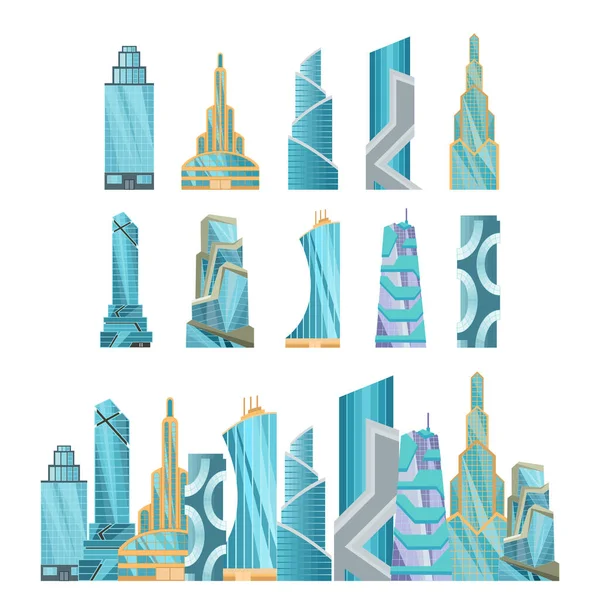Skyscraper buildings. Modern building flat office city apartment, house residential block, exterior business town cartoon vector. Collection of downtown futuristic buildings design — Stock Vector