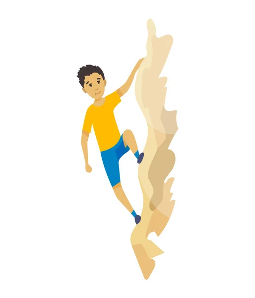 Το αγόρι σκαρφαλώνει σε ένα βουνό χωρίς εξοπλισμό. Ακραία αθλήματα. Σκαρφαλώνω στα βουνά. Εικονογράφηση διανύσματος — Διανυσματικό Αρχείο