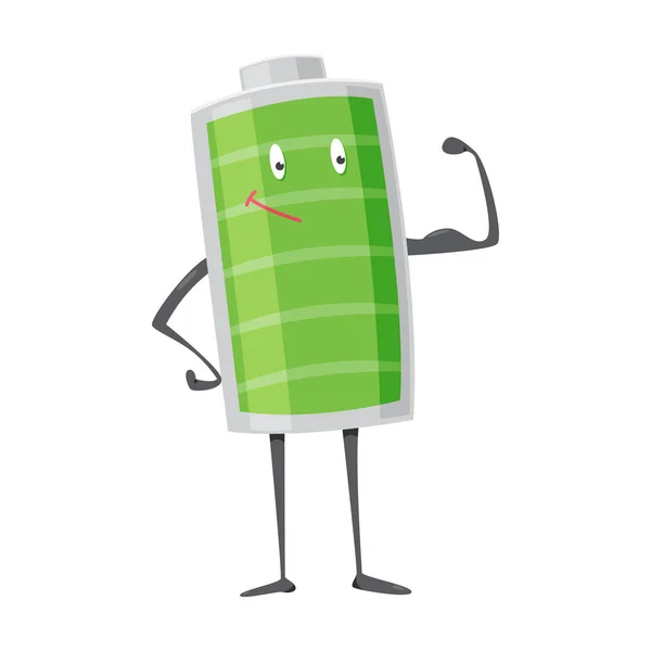 Sterke batterijman staat en toont zijn spieren. Volledig opgeladen groene batterij. Element van alternatieve energie. Vector cartoon icoon — Stockvector