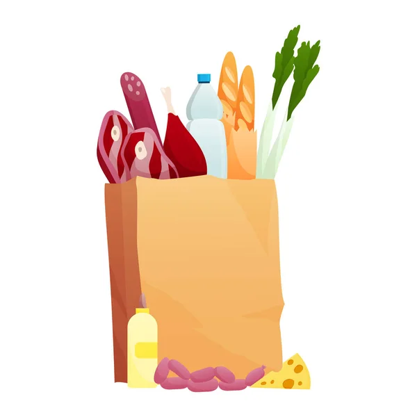 Fresh Food i en papperspåse - vektorillustration i platt stil. Olika mat- och dryckesvaror, dagligvaruhandel. Frukt, grönsaker, skinka, ost, bröd, mjölk — Stock vektor