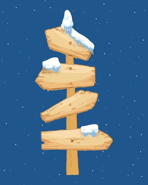 Signo de invierno de madera de dibujos animados con ilustración de vector de gorra de nieve. Cartel de nieve. Flecha direccional de madera, bandera cubierta de nieve — Vector de stock