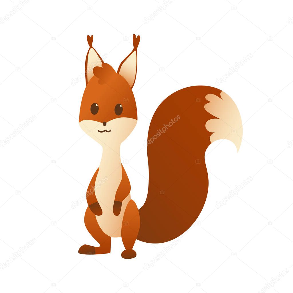 Cute cartoon squirrel. Sweet friendly animal standing and looking on you. Vector illustration with simple gradients. Funny forest wild animal
