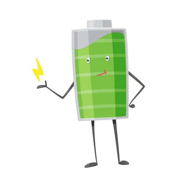 Batterijman staat en glimlacht. Laadindicatie, opgeladen groene batterij. Element van alternatieve energie. Vector cartoon icoon — Stockvector