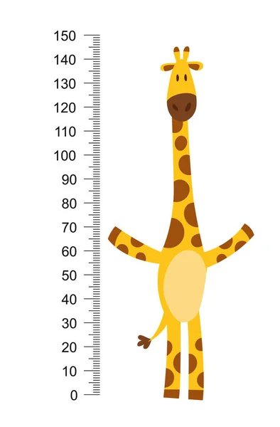 Vrolijke grappige giraffe met lange nek. Hoogtemeter of meter muur of muur sticker van 0 tot 150 centimeter om de groei te meten. Kindervector illustratie — Stockvector