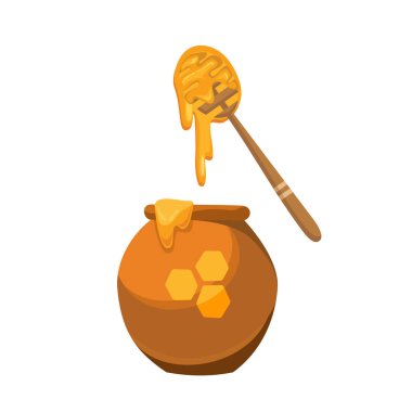 Bal için kavanoz ve dipper. Sıvı gıdanın korunması için seramik kavanoz. Tatlılık için kullanışlı. Doğal sağlıklı beslenme. Fıçı dolusu bal. Bal dolu fıçıyı aç