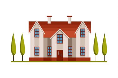 Yer ayırtmak ve yaşamak için modern kır evi. Evin dış görünüş vektör çizimi çatısı var. Kapı ve pencereli ev cephesi. Modern kasaba yazlığı. Emlak binası simgesi