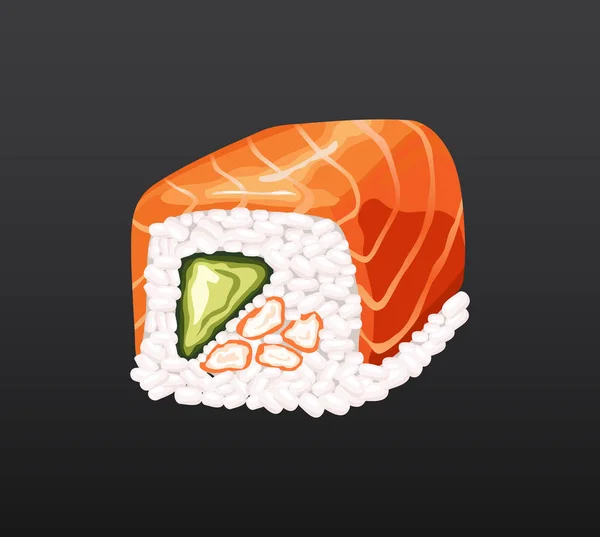 Sushi gulung Sushi 3D tradisional rumput laut segar makanan mentah. Roti gulung sushi seafood Jepang. Makanan Asia klasik. Sushi roll dengan salmon ris - Stok Vektor