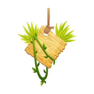 Orman yağmur ormanlarında, tropikal yaprakları ve yazı için yeri olan ahşap tabela. Çizgi film oyun vektör illüstrasyonu. Reklam çerçevesi tasarımı. Eski tahta dekore edilmiş liana yaprakları.