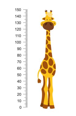 Uzun boyunlu neşeli komik zürafa. Büyümeyi ölçmek için 0 ile 150 santimetre arası yükseklik, duvar veya duvar etiketi. Çocuk vektör illüstrasyonu
