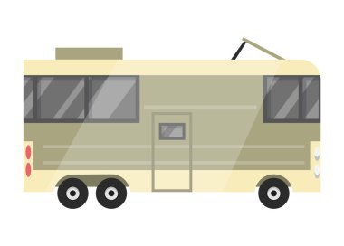 Düz vektör klasik karavan. Eğlence aracı olarak. Tekerlekli ev. Karavan karavanı, doğaya karavan gezisi için. Web tasarımı veya yazdırma için vektör illüstrasyonu