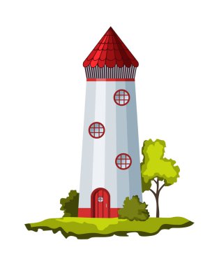 Vektör düz deniz feneri. Çizgi film manzarası. Deniz seyrüsefer kılavuzu için arama ışığı kulesi. Mimarlık objesi. Bankadaki düz bina deniz feneri