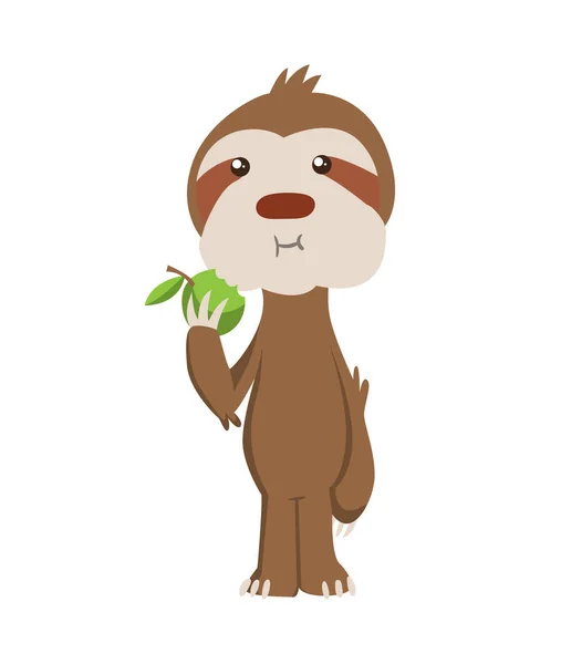 Милый ленивец стоит и ест яблоко. Векторная забавная иллюстрация ленивца для летнего дизайна. Восхитительное мультяшное животное. Смешной мультяшный ленивец с полным животом. Симпатичная ленивая векторная иллюстрация — стоковый вектор