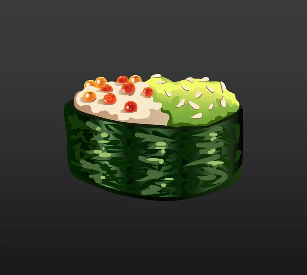 3D Sushi rolo algas tradicionais alimentos crus frescos. Rolo japonês de sushi de frutos do mar. Comida asiática clássica. Rolo de sushi com caviar de salmão ris e nori — Vetor de Stock