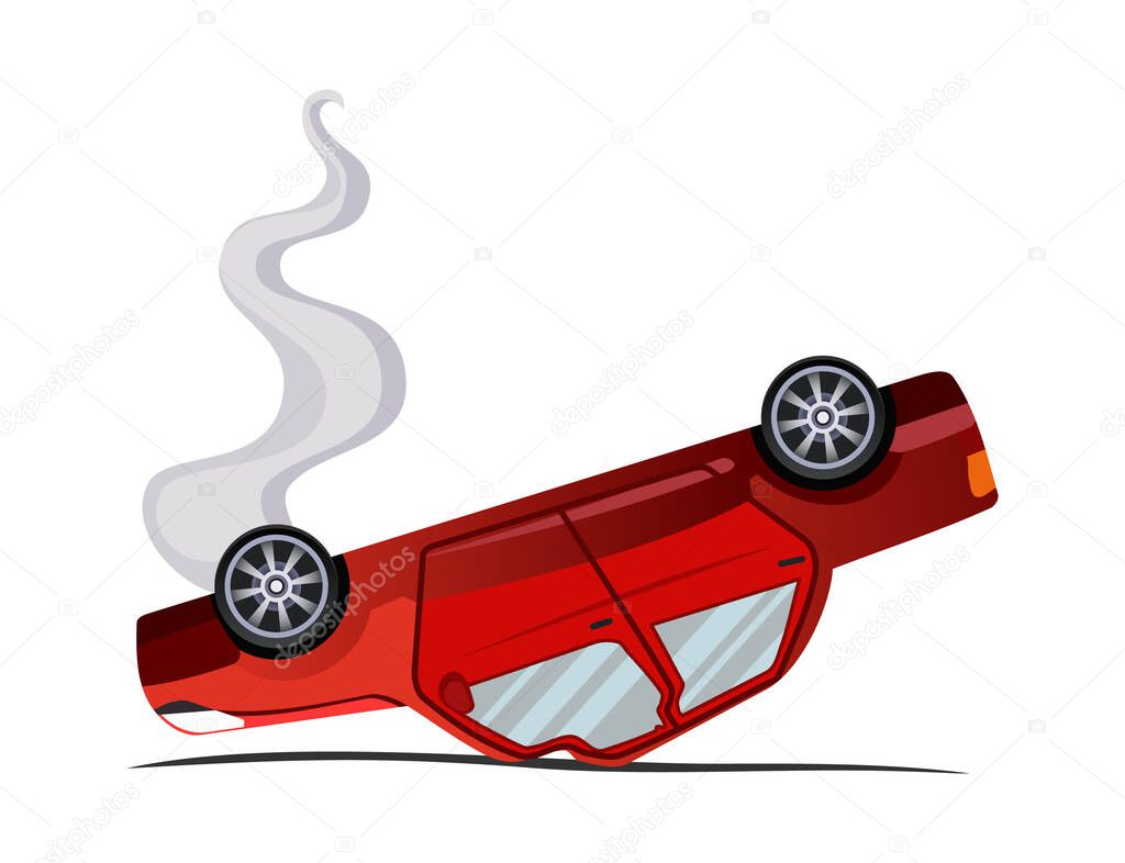 Accident on road. Inverted machine after collision. Illustration of crash vehicle, damage auto. Insurance case. Vector broken cartoon auto