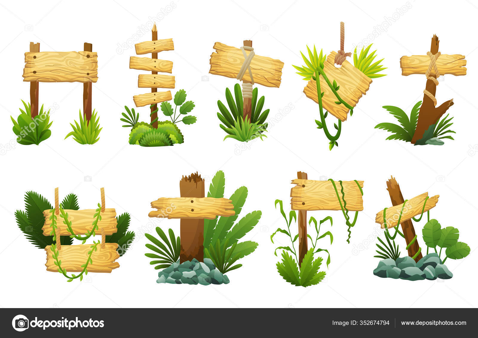 Sinal de madeira na floresta tropical da selva com folhas tropicais e  espaço para texto. Cartoon game vector illustration (em inglês). Projeto de  quadro de publicidade. Placa velha decorada folhas liana imagem