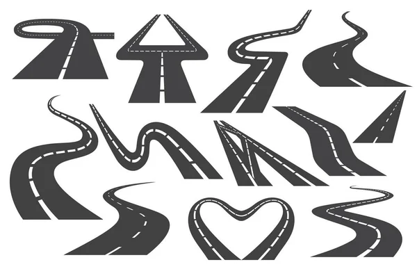 Bochtige gebogen weg of snelweg met markeringen. Set van verschillende asfalt Buigen snelwegen vector illustraties. Vervoersrichting — Stockvector