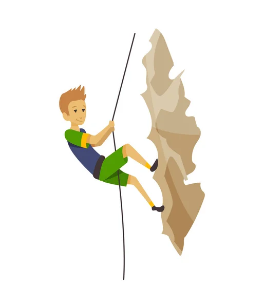 Jongen klimmend op een rotsberg met apparatuur. Extreme buitensporten. De bergen beklimmen. Vectorillustratie — Stockvector