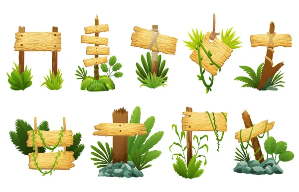 Sinal de madeira na floresta tropical da selva com folhas tropicais e espaço para texto. Cartoon game vector illustration (em inglês). Projeto de quadros de publicidade —  Vetores de Stock