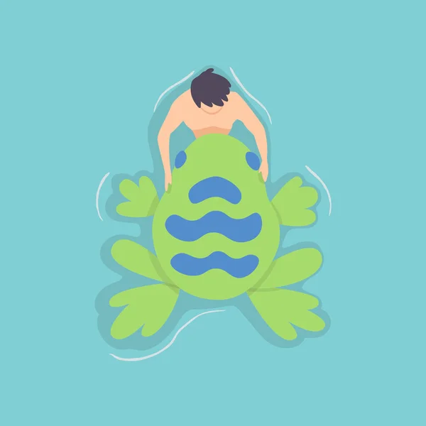 Вид сверху на человека, плавающего на воздушной матрасе в бассейне. Мужчины расслабляются и загорают на надувной форме лягушки. Векторная миграция — стоковый вектор