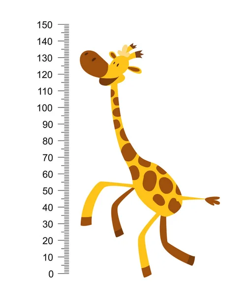 Fröhliche lustige Giraffe mit langem Hals. Höhe Meter oder Meter Wand oder Wandaufkleber von 0 bis 150 Zentimeter, um das Wachstum zu messen. Kindervektorillustration — Stockvektor