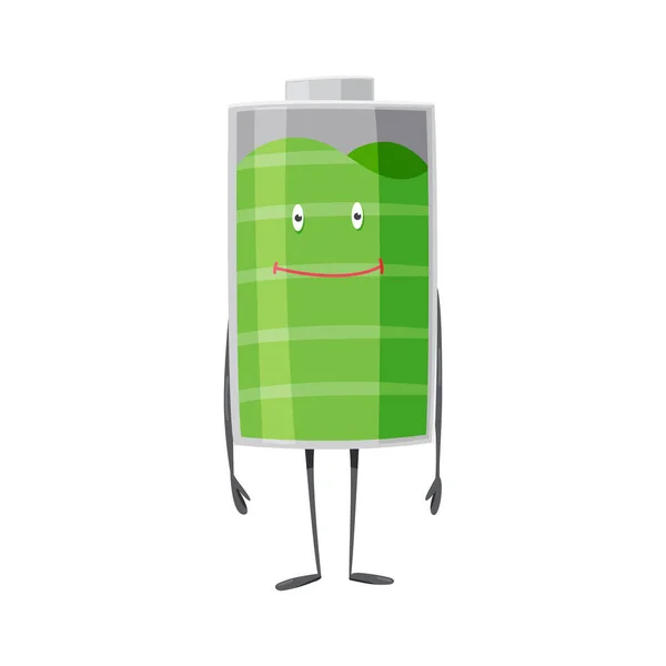 Batterijman staat en glimlacht. Volledig opgeladen groene batterij. Element van alternatieve energie. Vector cartoon icoon — Stockvector