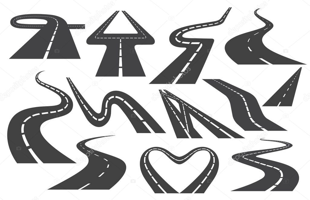 Winding curved road or highway with markings. Set of different asphalt Bending highways vector illustrations. Transportation direction