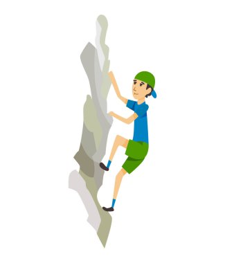 Çocuk teçhizatsız bir kaya dağına tırmanıyor. Açık hava sporları. Dağlara tırmanıyorum. Vektör illüstrasyonu