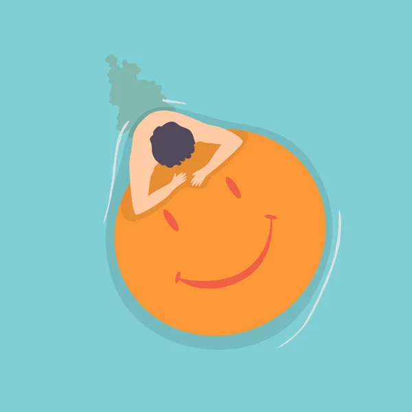 Top view persone floating on air mattress in swimming pool. Men relaxing and sunbathing on inflatable smile shape. Vector Illustration — Stock vektor