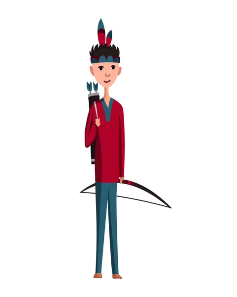 Membro della tribù dei nativi americani nell'abbigliamento tradizionale indiano con armi. Cartone animato uomo vestito in stile indiano con fiocco — Vettoriale Stock