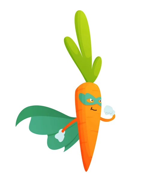 Vektorgemüse-Cartoon-Figur mit Superhelden-Ausdruck. Lustige Figur der Möhre in Maske. Vegetarische Ernährung. Isoliert auf weißem Hintergrund — Stockvektor