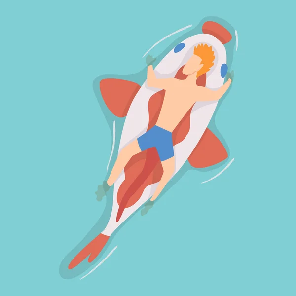 Top persone vista flutuando no colchão de ar na piscina. Homens relaxantes e banhos de sol em forma de peixe inflável. Ilustração vetorial — Vetor de Stock