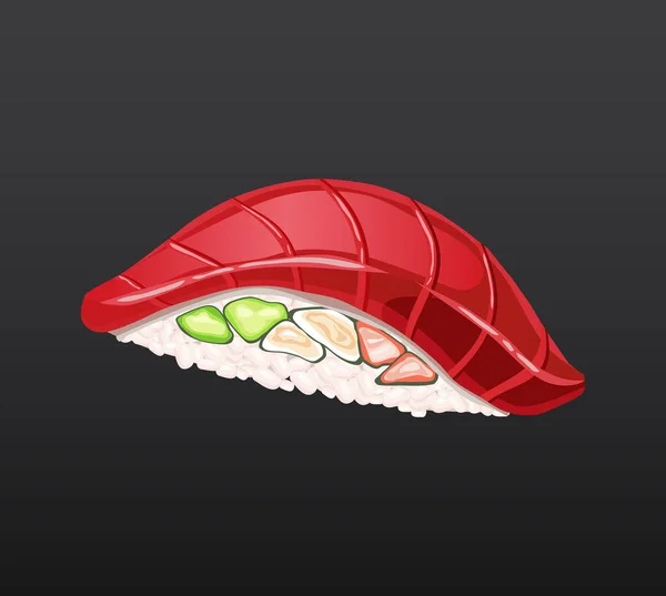 3D Sushi rolo algas tradicionais alimentos crus frescos. Rolo japonês de sushi de frutos do mar. Comida asiática clássica. Rolo de sushi com ris de salmão — Vetor de Stock