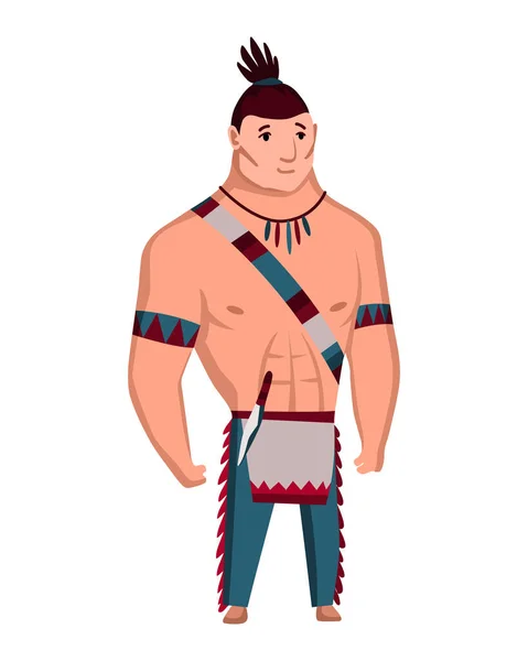 Miembro de la tribu indígena con vestimenta tradicional india con armas. Hombre vestido de dibujos animados en estilo indio — Vector de stock